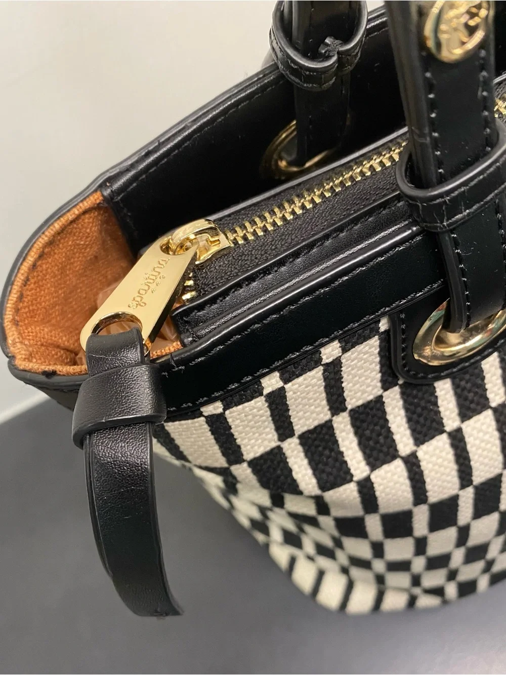 Spartina 449 Black & Cream Woven Check Tote with Tassels Linen/Leather